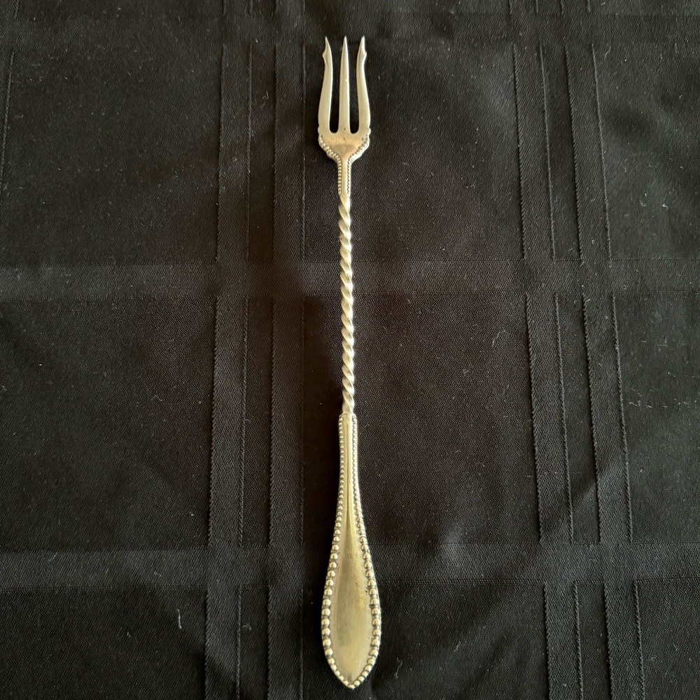 Antique Silverplate Twisted Handle Beaded Cocktail Olive Pickle Fork 3-Tine